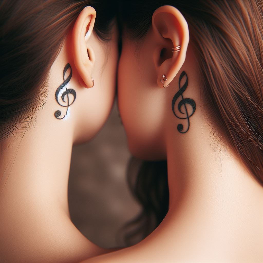 Two sisters with matching tattoos located just behind their ears. The design features a small, intricate musical note or a treble clef, symbolizing their shared love for music and harmony in their relationship. The tattoos are elegant and subtle, capturing the essence of their bond in a discreet yet meaningful location, with a focus on the fine lines and the delicate placement of the tattoos.