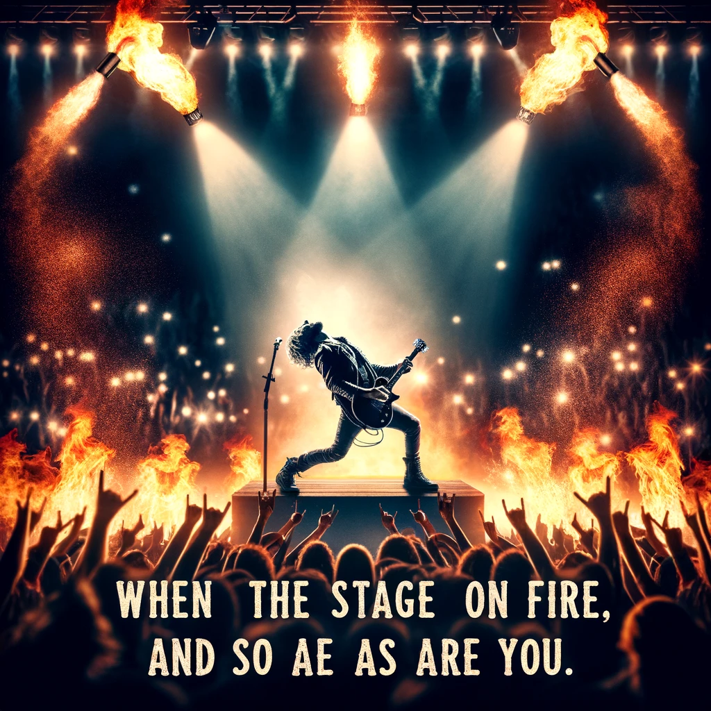 A rockstar performing on stage under a spotlight, surrounded by pyrotechnics and flames, showcasing a moment of intense energy. The performer is in an iconic rock pose, guitar raised high. The background is a sea of cheering fans. The caption reads: "When the stage is on fire, and so are you."
