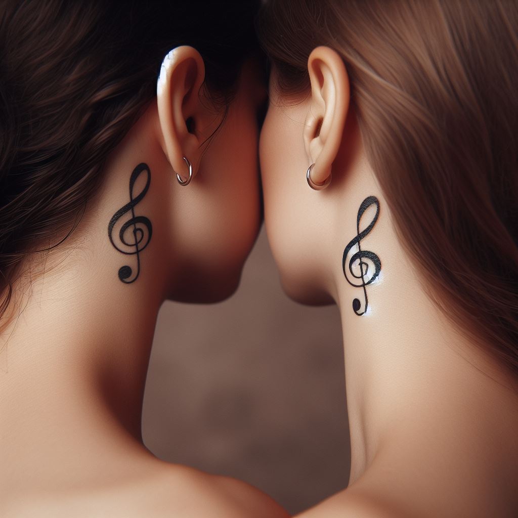 Two sisters with matching tattoos located just behind their ears. The design features a small, intricate musical note or a treble clef, symbolizing their shared love for music and harmony in their relationship. The tattoos are elegant and subtle, capturing the essence of their bond in a discreet yet meaningful location, with a focus on the fine lines and the delicate placement of the tattoos.