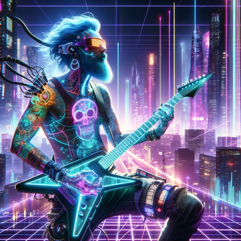 A futuristic rockstar with holographic instruments and cyberpunk aesthetics, performing in front of a neon-lit cityscape. The artist is a blend of modern and retro styles, with glowing tattoos and digital effects. The caption reads: "When your gig is in 2040 but your soul is in the '80s."
