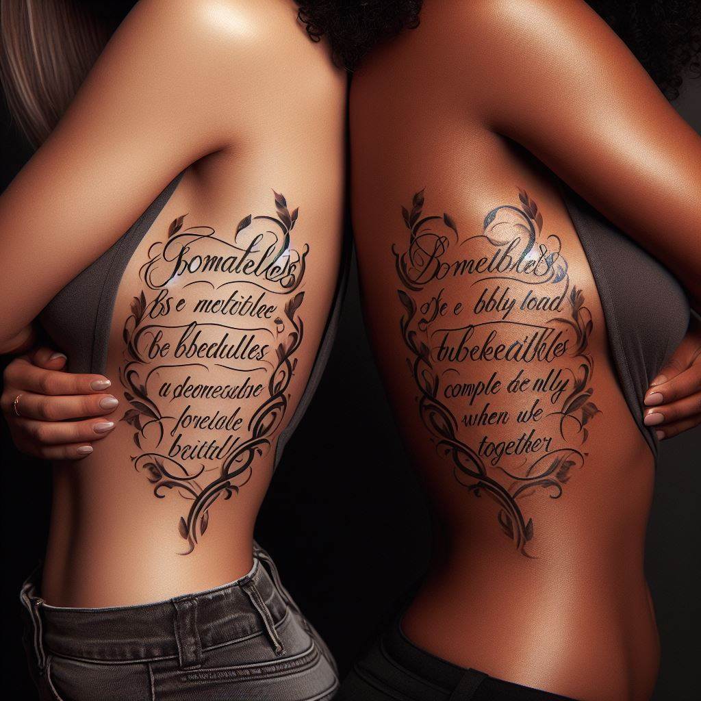 Two sisters with matching tattoos along their ribcages, featuring a quote in a flowing script that speaks to their unbreakable bond. The quote is divided between them, complete only when they are together. The tattoos are designed with elegance and simplicity in mind, emphasizing the depth of their connection through the choice of words and the intimate placement of the tattoos.