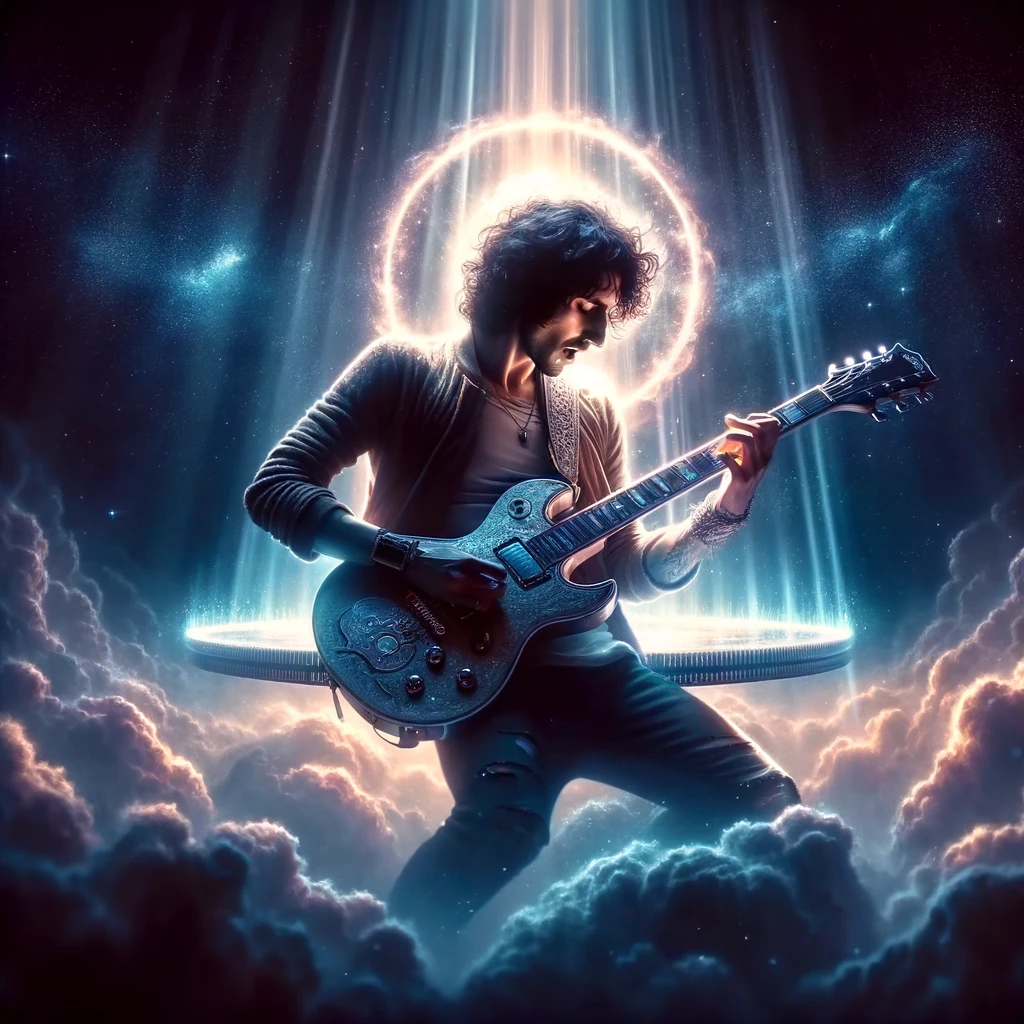 A rockstar with a mesmerizing aura, surrounded by a halo of light, playing a solo on an otherworldly instrument. The scene is ethereal, with a cosmic background suggesting the performance is happening in space. The caption reads: "When your music transcends space and time."
