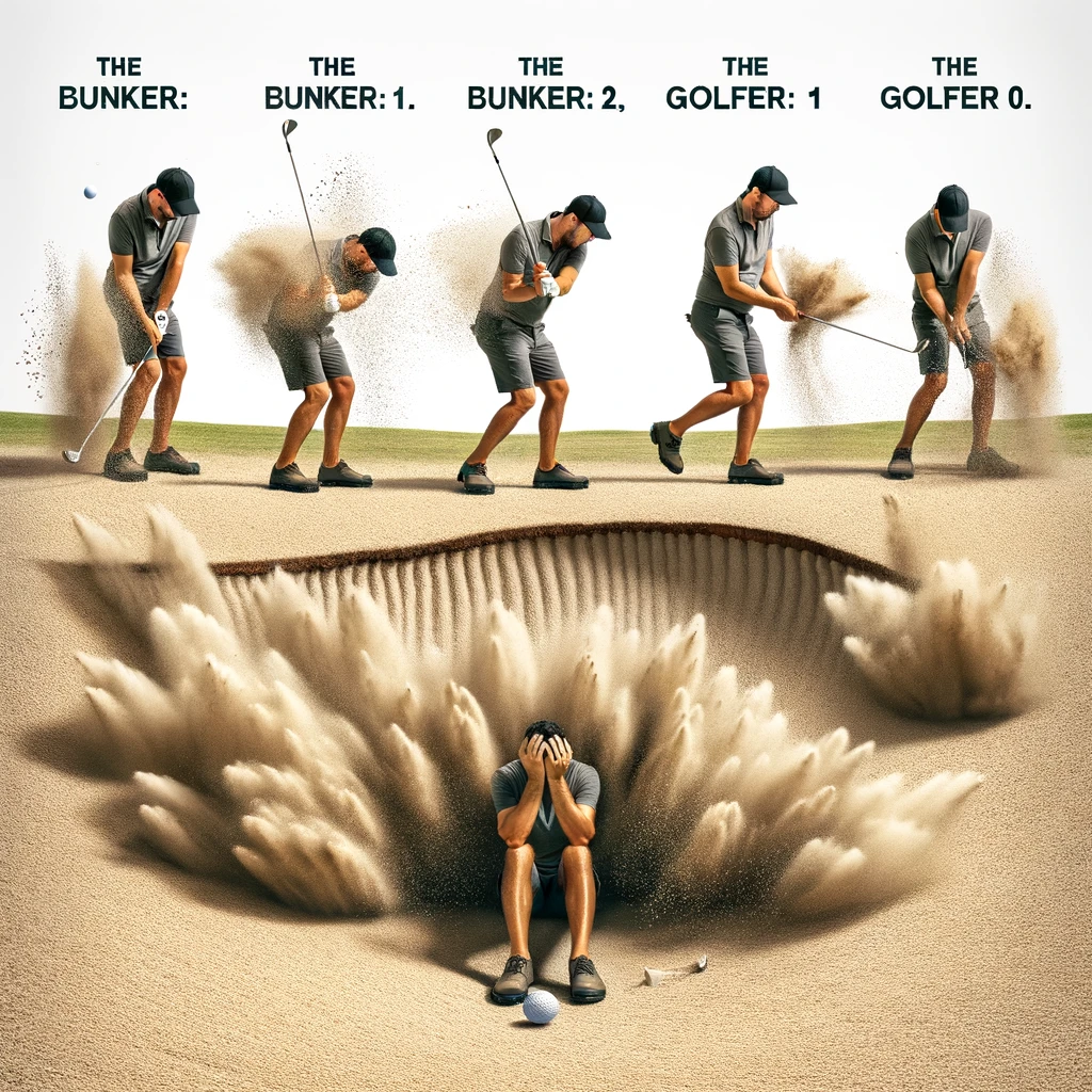 A golfer confidently walks into a sand bunker, followed by a sequence of attempts to hit the ball out, each swing causing a larger puff of sand cloud, and ending with the golfer sitting dejectedly in the bunker with the ball still at their feet. The scene is humorously captioned: "The Bunker: 1, Golfer: 0." This image sequence captures the all-too-familiar struggle of bunker shots, highlighting the comedic frustration and eventual defeat many golfers face in the sand.