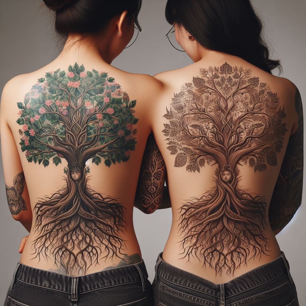 Two sisters with complementary back tattoos that together form a majestic tree, symbolizing growth, strength, and the roots of their family. One sister has the tree's flourishing canopy on her upper back, while the other carries the sturdy, grounded roots on her lower back. The designs are detailed and expansive, with leaves and branches that intertwine, highlighting their interdependence and shared foundation.