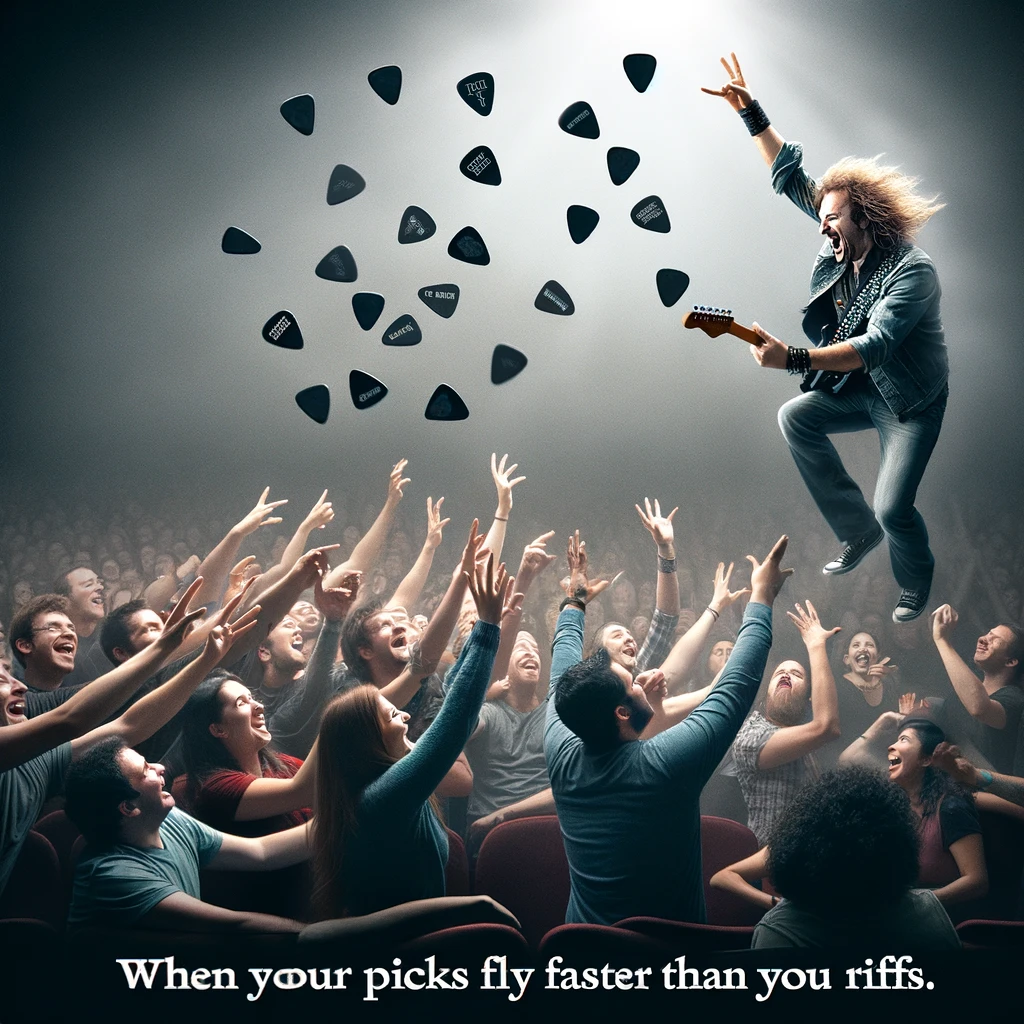 A rockstar playfully engaging with the audience, throwing guitar picks into the crowd. The atmosphere is light-hearted, with fans trying to catch the flying picks. The caption reads: "When your picks fly faster than your riffs."