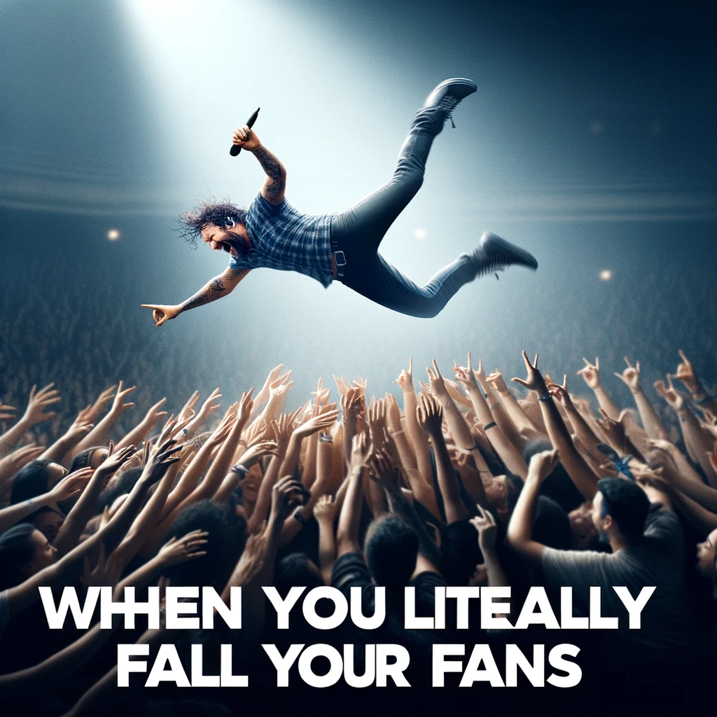 A rockstar mid-air during a stage dive, with the excited crowd ready to catch them. The scene captures the trust and connection between the artist and their fans. The caption reads: "When you literally fall for your fans."