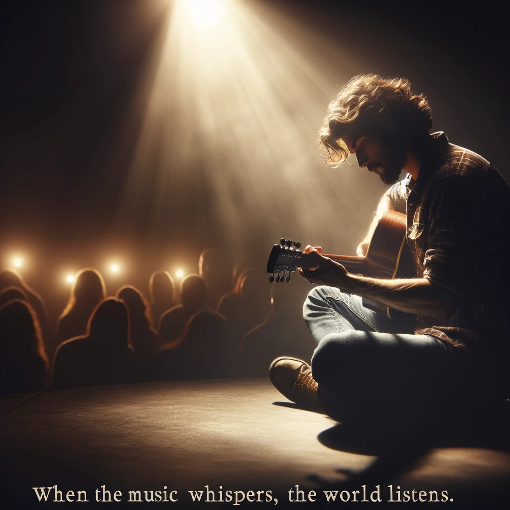 A rockstar sitting cross-legged on the stage, deeply engrossed in playing an acoustic guitar. The scene is intimate, with a single spotlight illuminating the performer, casting a warm glow. The audience is in rapt attention, enjoying the serene moment. The caption reads: "When the music whispers, the world listens."