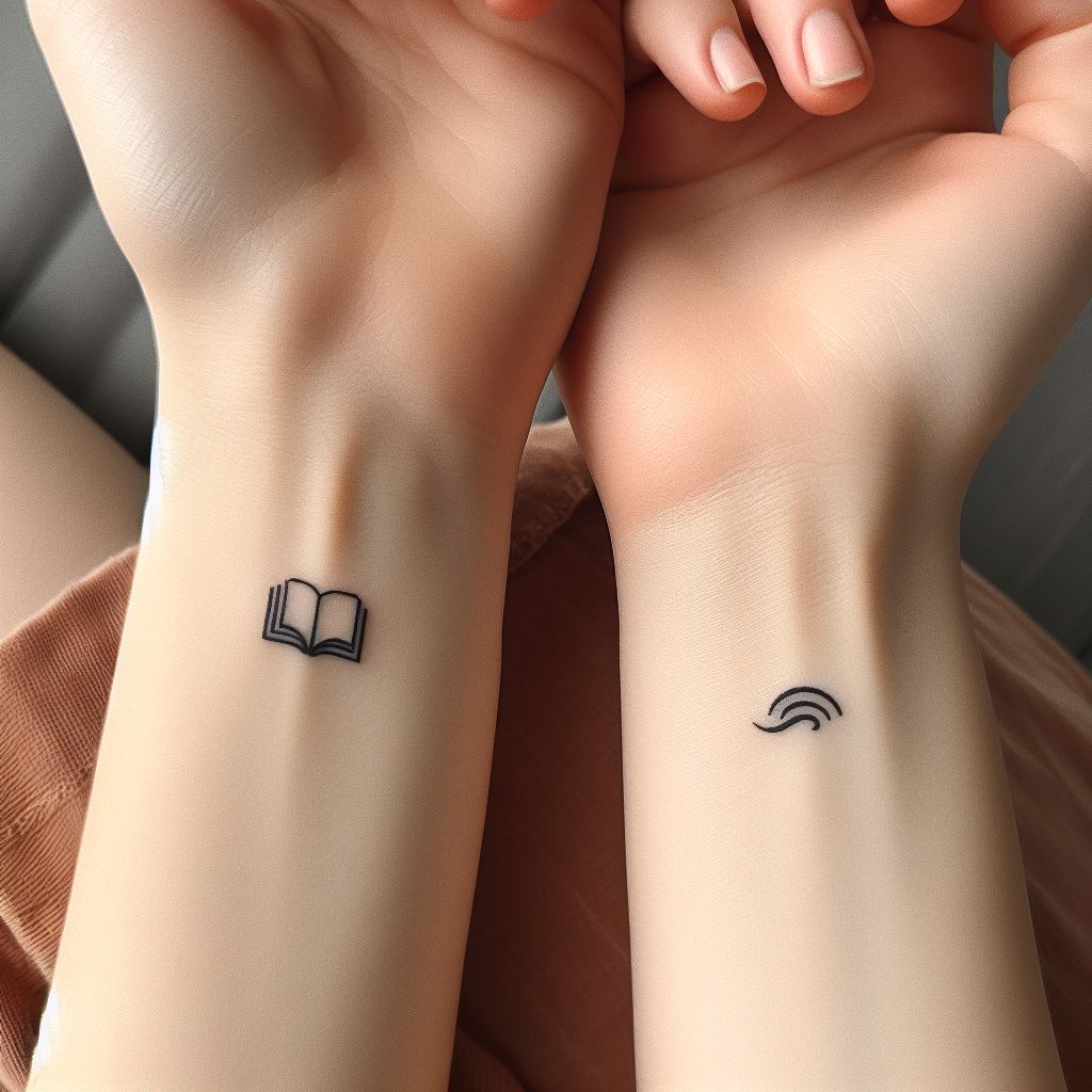 Two sisters with matching inner wrist tattoos, each featuring a small, minimalist icon that represents a shared interest or memory, such as a tiny book for their love of reading or a small wave for their appreciation of the ocean. The tattoos are simple yet profoundly personal, focusing on the essence of their shared experiences and the subtle yet powerful reminder of their connection.