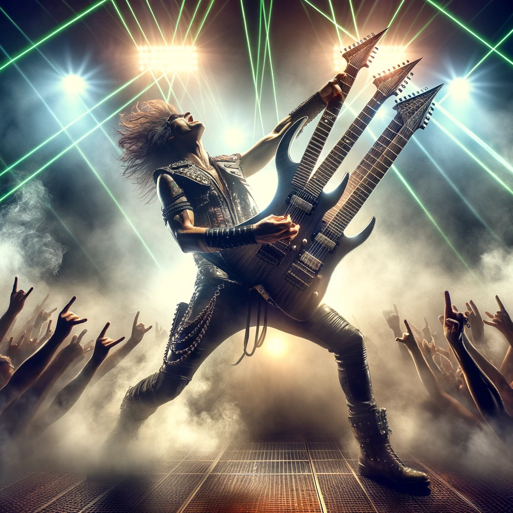 A rockstar energetically playing a double-neck guitar, surrounded by laser lights and fog. The atmosphere is electrifying, with the crowd cheering wildly. The performer's outfit is a dazzling combination of leather and metal, embodying the spirit of rock. The caption reads: "When one neck is not enough."