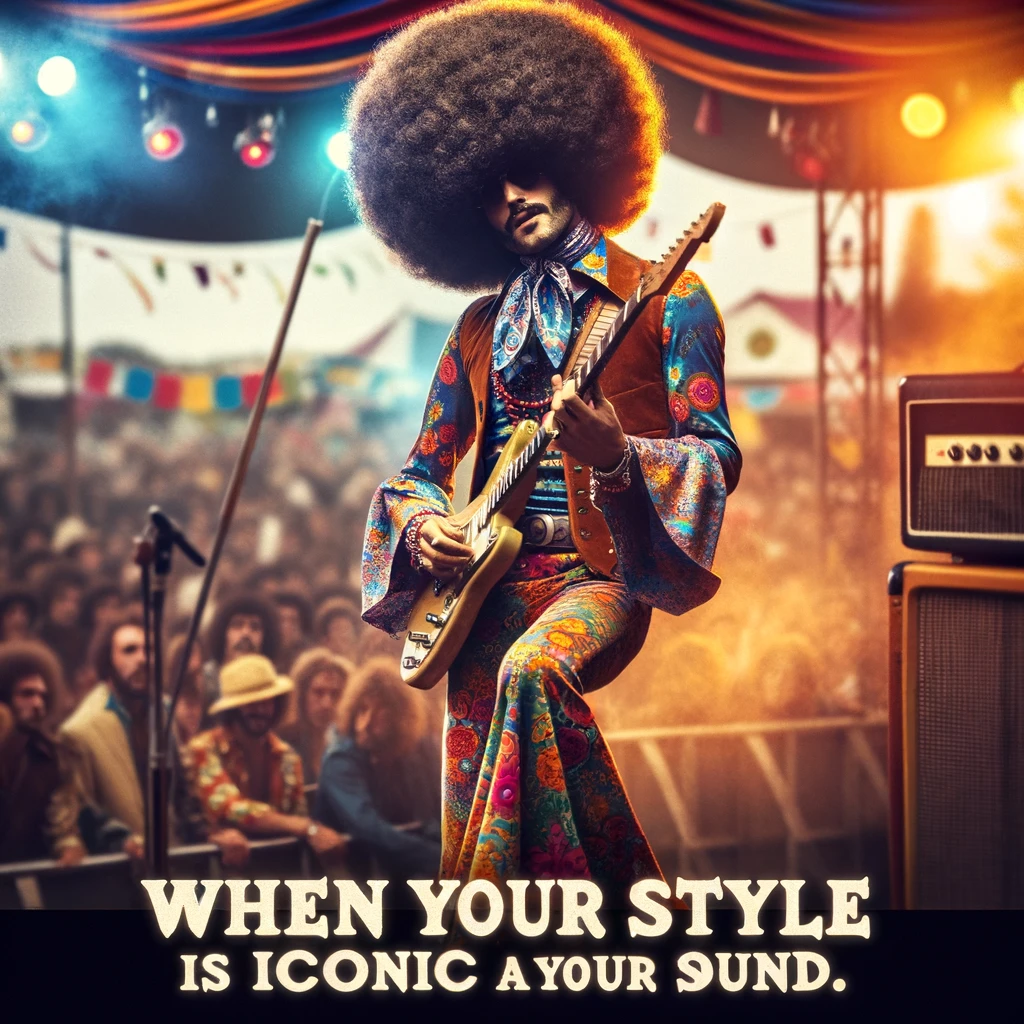 A retro rockstar with a voluminous afro hairstyle, decked out in psychedelic attire, performing at a vintage music festival. The scene is awash with vibrant colors and patterns, capturing the essence of the 70s. The caption reads: "When your style is as iconic as your sound."