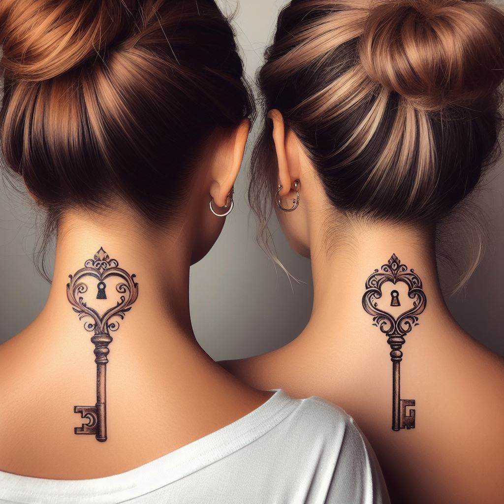 Two sisters with matching tattoos on the nape of their necks, each featuring a small, elegant key and lock. The key on one sister complements the lock on the other, symbolizing their unique ability to understand and support each other unconditionally. The design is intricate with vintage details, showcasing their timeless bond and the personal significance of being each other's keeper.