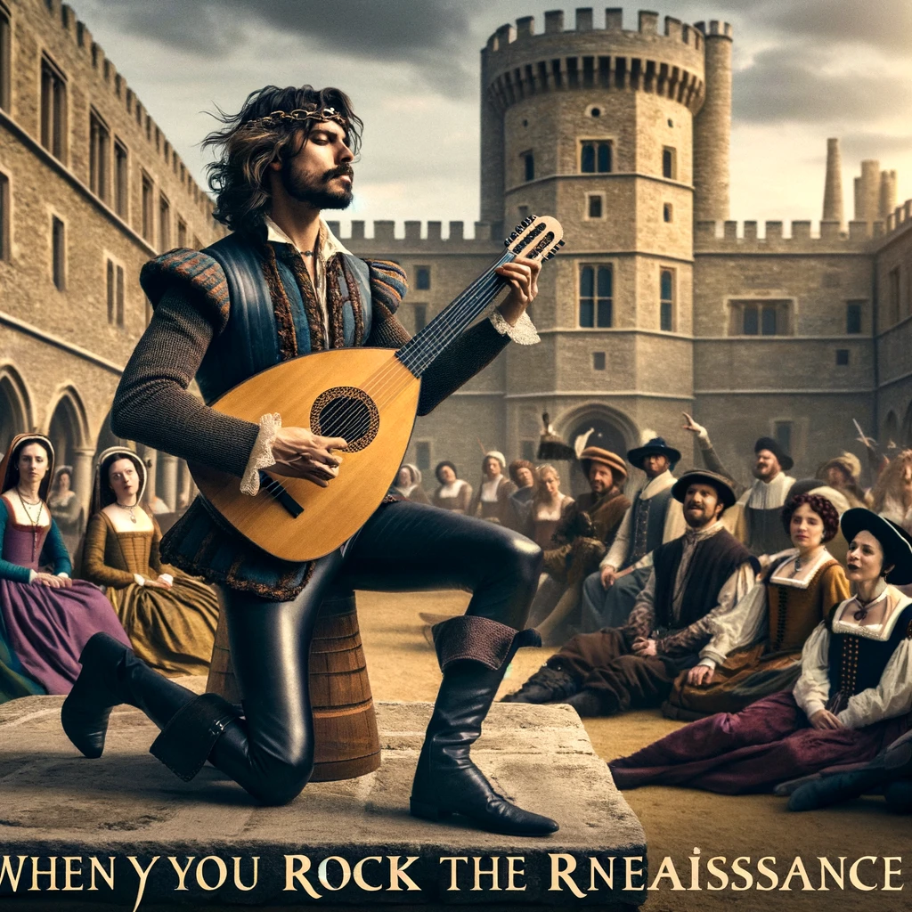 A rockstar in medieval attire, playing a lute with dramatic flair in a castle courtyard. The scene blends historical elements with modern rock attitude, surrounded by an audience in period costume. The caption reads: "When you rock the Renaissance."
