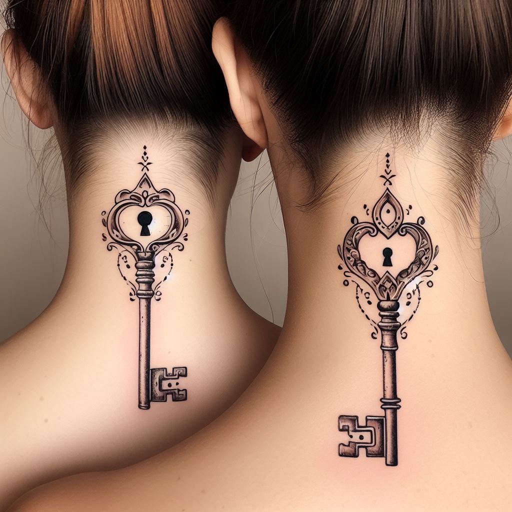 Two sisters with matching tattoos on the nape of their necks, each featuring a small, elegant key and lock. The key on one sister complements the lock on the other, symbolizing their unique ability to understand and support each other unconditionally. The design is intricate with vintage details, showcasing their timeless bond and the personal significance of being each other's keeper.