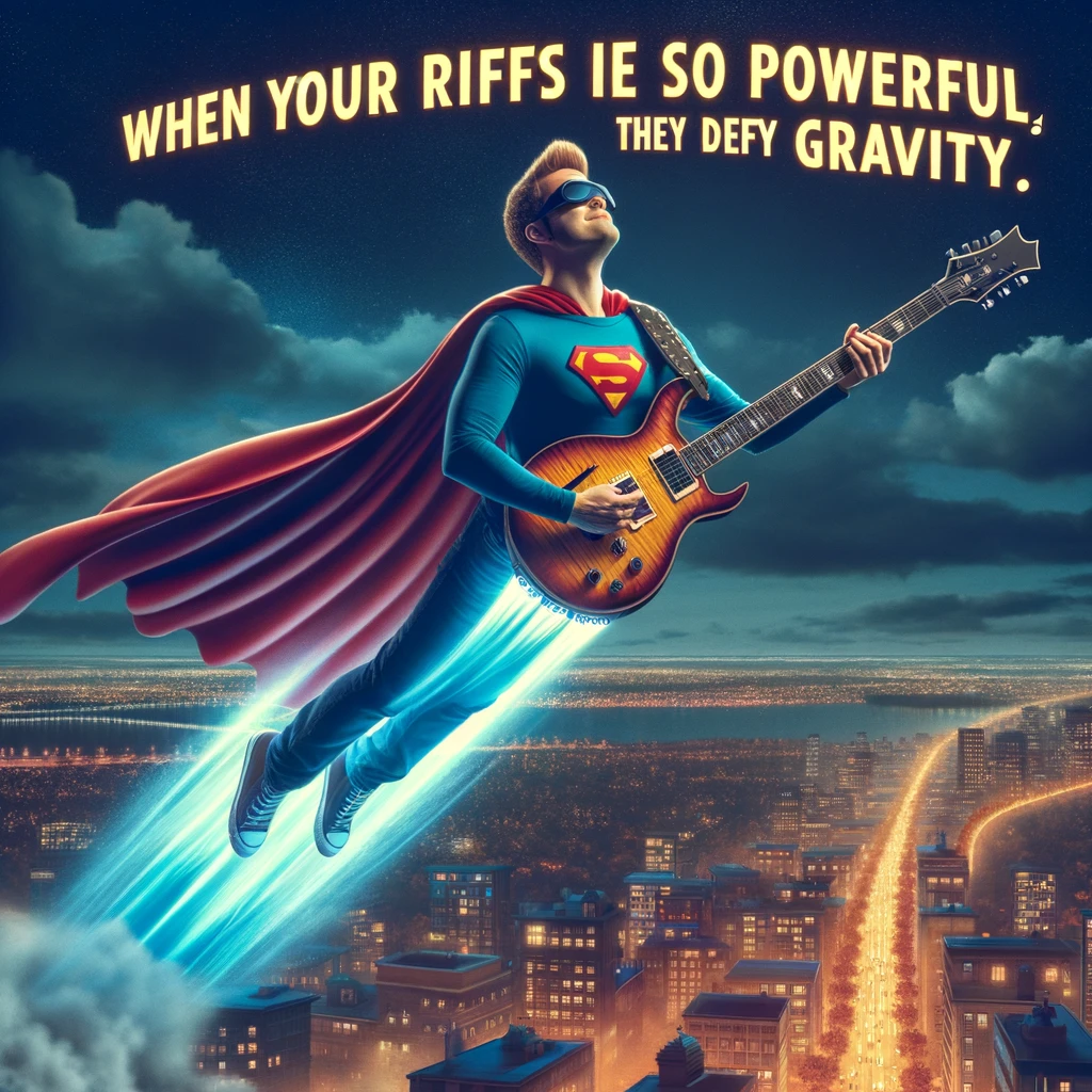 An animated rockstar, styled like a superhero, soaring through the sky with a guitar-shaped jetpack. The city below is lit up at night, providing a backdrop for this high-flying musical adventure. The caption reads: "When your riffs are so powerful, they defy gravity."