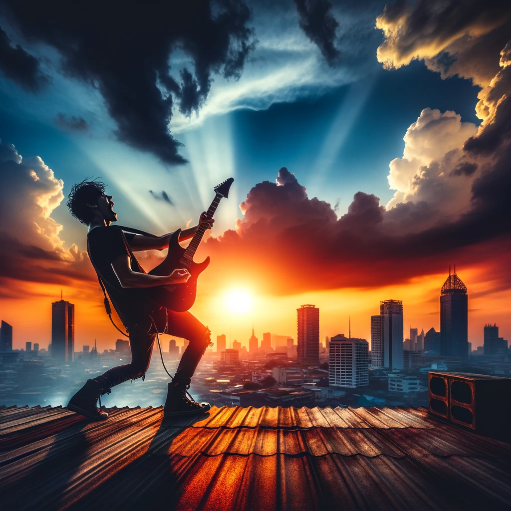 A rockstar performing an intense solo on a rooftop as the sun sets, casting a dramatic silhouette against the vibrant sky. The cityscape in the background adds to the epic feeling of the moment. The caption reads: "When your guitar speaks to the city."