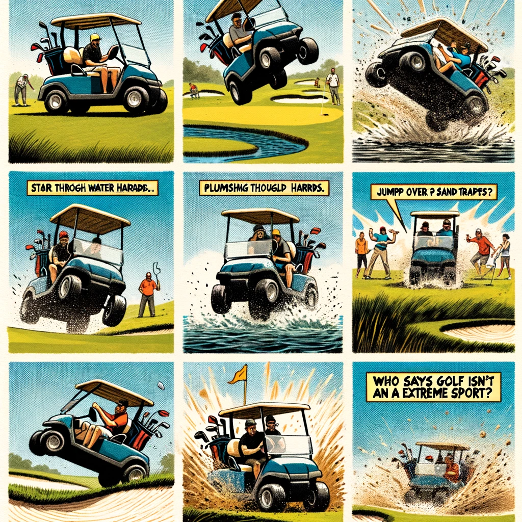 A series of panels depicting two golfers taking a golf cart on an adventurous ride, starting on the golf course and quickly veering off into wild terrain, splashing through water hazards, jumping over sand traps, and finally crashing into the clubhouse, to the astonishment of other patrons. The image is captioned: "Who says golf isn't an extreme sport?" This comedic sequence captures the unexpected and thrilling moments that can happen when a golf cart ride goes hilariously off course, showcasing the lighter side of golf.