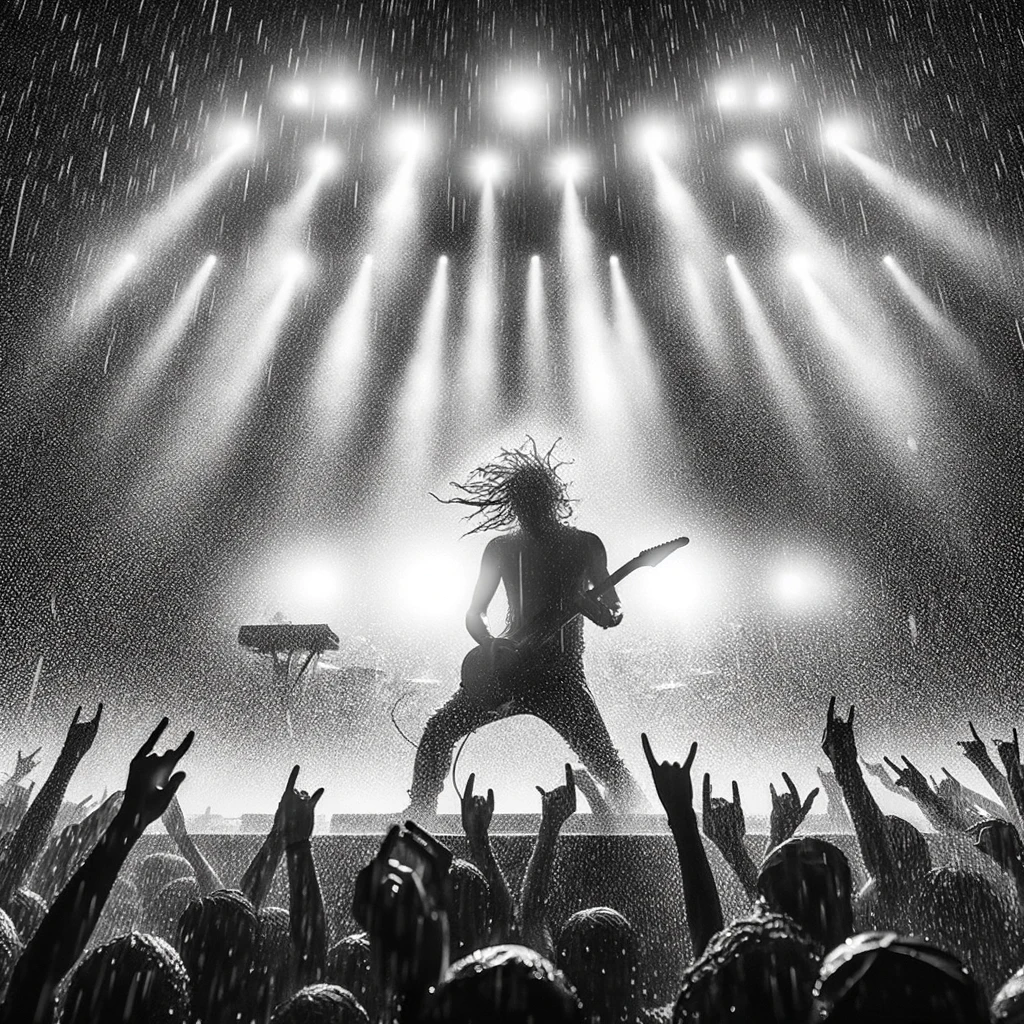 A rockstar playing a concert in the rain, with water droplets creating a mesmerizing effect around the stage lights. The performer, soaked yet undeterred, is lost in the music, connecting deeply with the audience braving the weather. The caption reads: "When the storm can't drown out your sound."