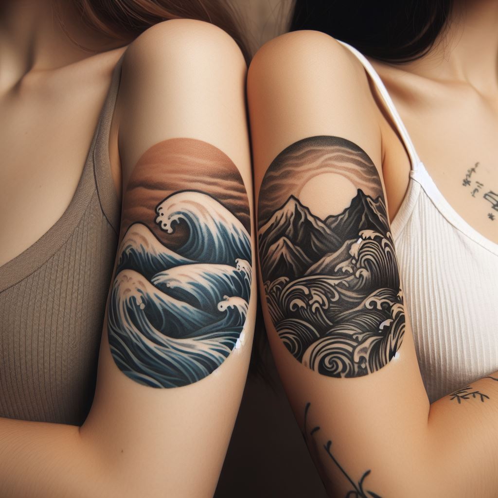 Two sisters with complementary tattoos around their elbows. One has a tattoo of waves circling her elbow, symbolizing fluidity and adaptability, while the other has a mountain range, representing strength and steadfastness. Together, these tattoos reflect the balance they bring to each other's lives, with a focus on the contrasting yet harmonious designs that represent their personalities and the dynamics of their relationship.