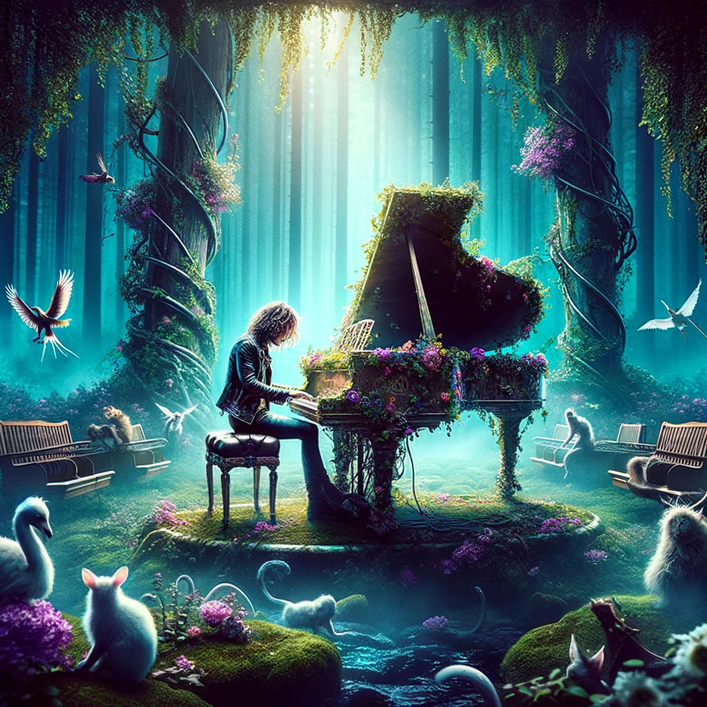 A rockstar sitting at a grand piano covered in vines and flowers, in the middle of a mystical forest. The setting is magical, with ethereal creatures gathering to listen. The caption reads: "When nature is your stage, and the wild listens."