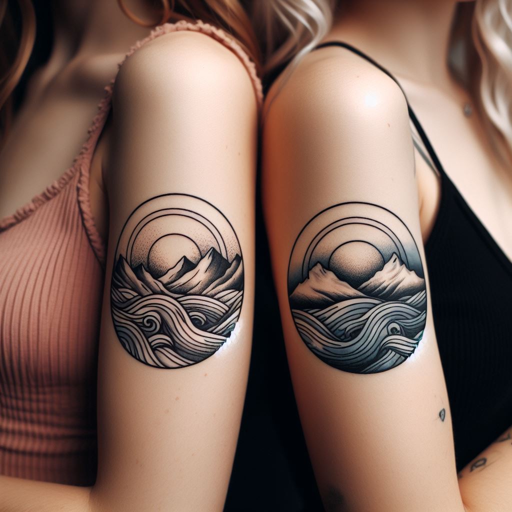 Two sisters with complementary tattoos around their elbows. One has a tattoo of waves circling her elbow, symbolizing fluidity and adaptability, while the other has a mountain range, representing strength and steadfastness. Together, these tattoos reflect the balance they bring to each other's lives, with a focus on the contrasting yet harmonious designs that represent their personalities and the dynamics of their relationship.