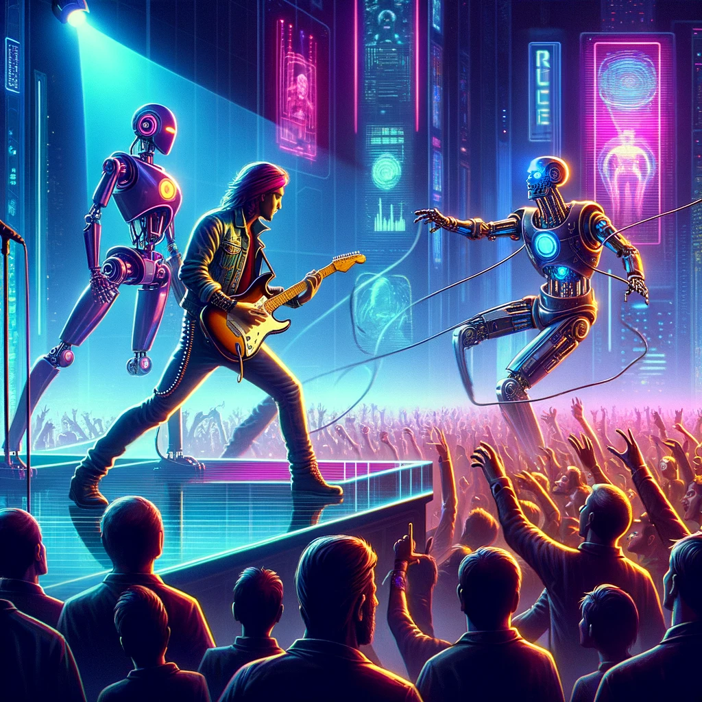 A rockstar engaging in a guitar battle with a robot, both standing on a futuristic stage with neon lights and holograms. The crowd is a mix of humans and androids, all captivated by the showdown. The caption reads: "When you face off against the future."