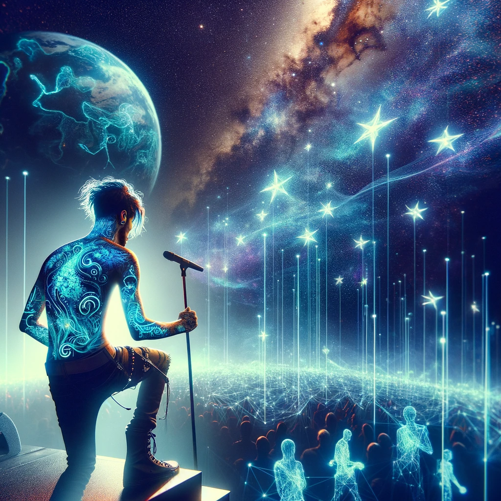 A rockstar with glowing neon tattoos performing on a stage that's a blend of digital and organic elements, under a constellation of virtual stars. The atmosphere is a fusion of technology and nature, creating a surreal concert experience. The caption reads: "When your music bridges worlds."