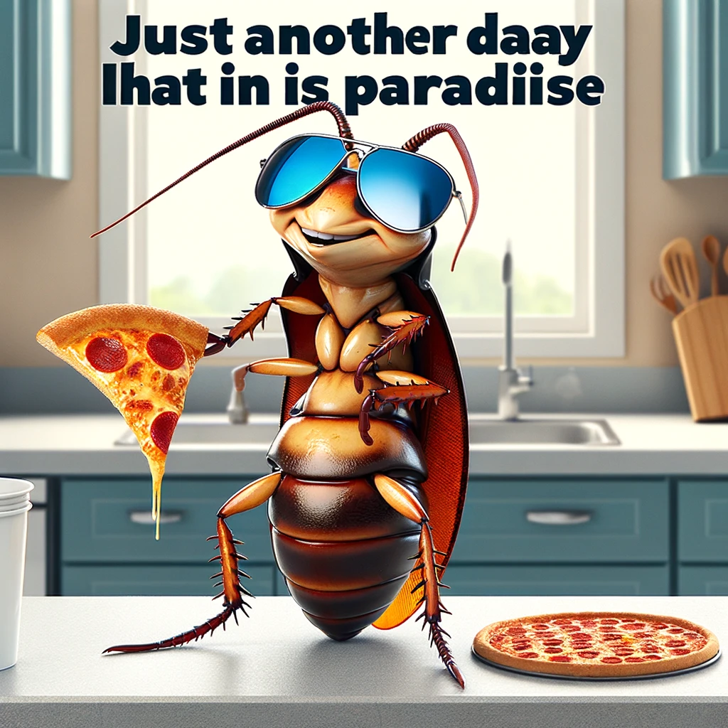 A cartoon roach standing confidently on a kitchen counter, wearing sunglasses and holding a slice of pizza like a trophy. The caption says, "Just another day in paradise."