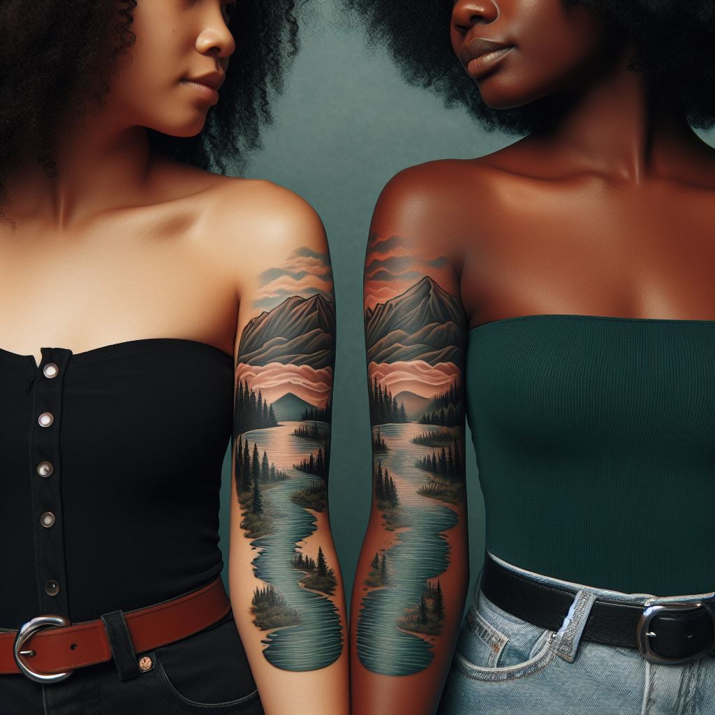 Two sisters with arm band tattoos that, when aligned, form a continuous landscape scene encompassing mountains, rivers, and forests. This panoramic tattoo represents their shared journey and adventures. Each band is a standalone piece of art, but together, they create a more comprehensive story, symbolizing their interconnected lives and the shared path they walk side by side.