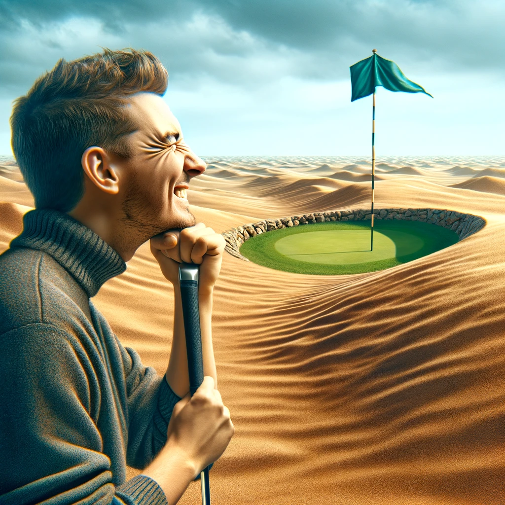 A golfer squinting into the distance, imagining an oasis with a flagstick in the middle, representing the clubhouse bar as the true final hole after a long day on the course. The oasis is a vivid mirage in the desert-like rough, symbolizing the golfer's thirst for relaxation and camaraderie after the game. This scene captures the golfer's hopeful vision, blending the reality of the challenging course with the fantasy of the rewarding finish at the clubhouse bar, humorously highlighting the anticipation of the 19th hole.