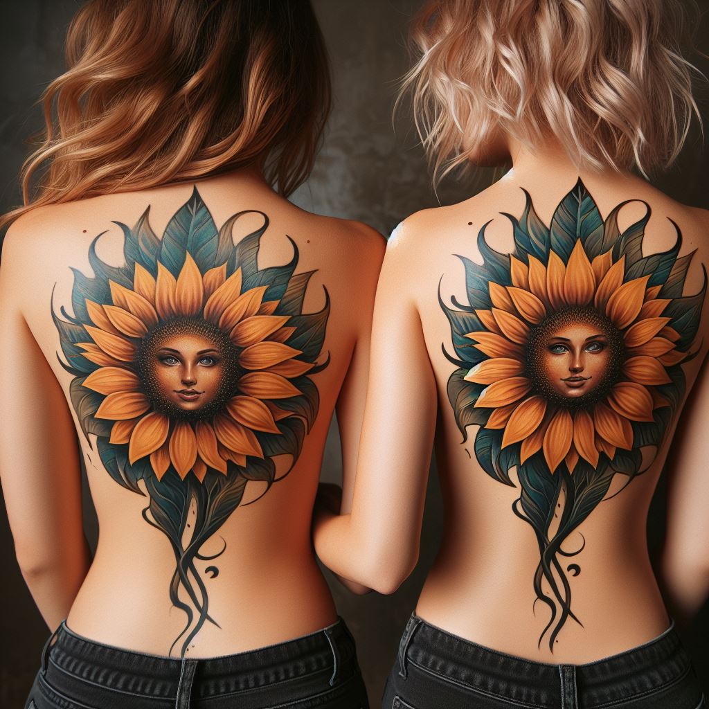 Two sisters with matching lower back tattoos featuring a stylized sunflower design. The sunflowers are depicted with their faces turning towards each other, symbolizing loyalty, adoration, and the nourishing warmth of their relationship. The tattoos are vibrant and full of life, capturing the essence of their support and admiration for each other against a backdrop that emphasizes the beauty of the design.