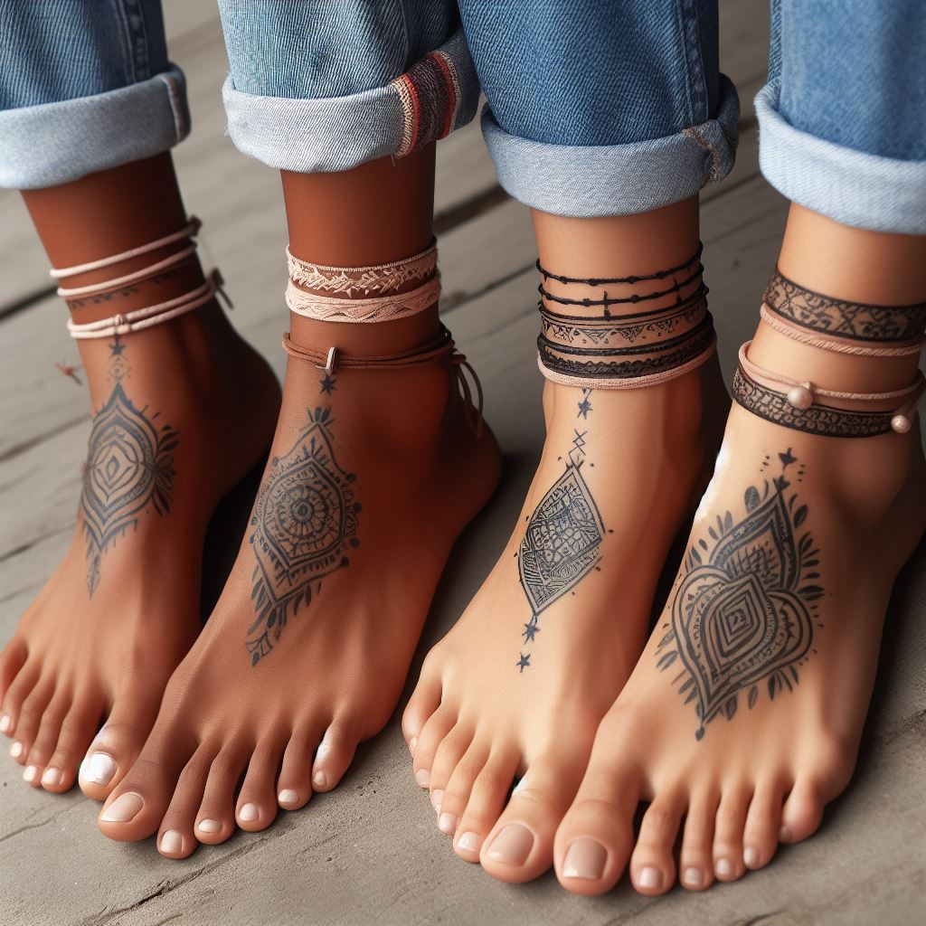 Two sisters with ankle bracelet tattoos that, when placed side by side, reveal a hidden message of love and solidarity. The bracelets are designed with delicate floral and geometric patterns, incorporating symbols that hold personal significance to them. This design not only serves as a permanent accessory but also as a testament to their unbreakable bond, focusing on the intricate details and the depth of their connection.
