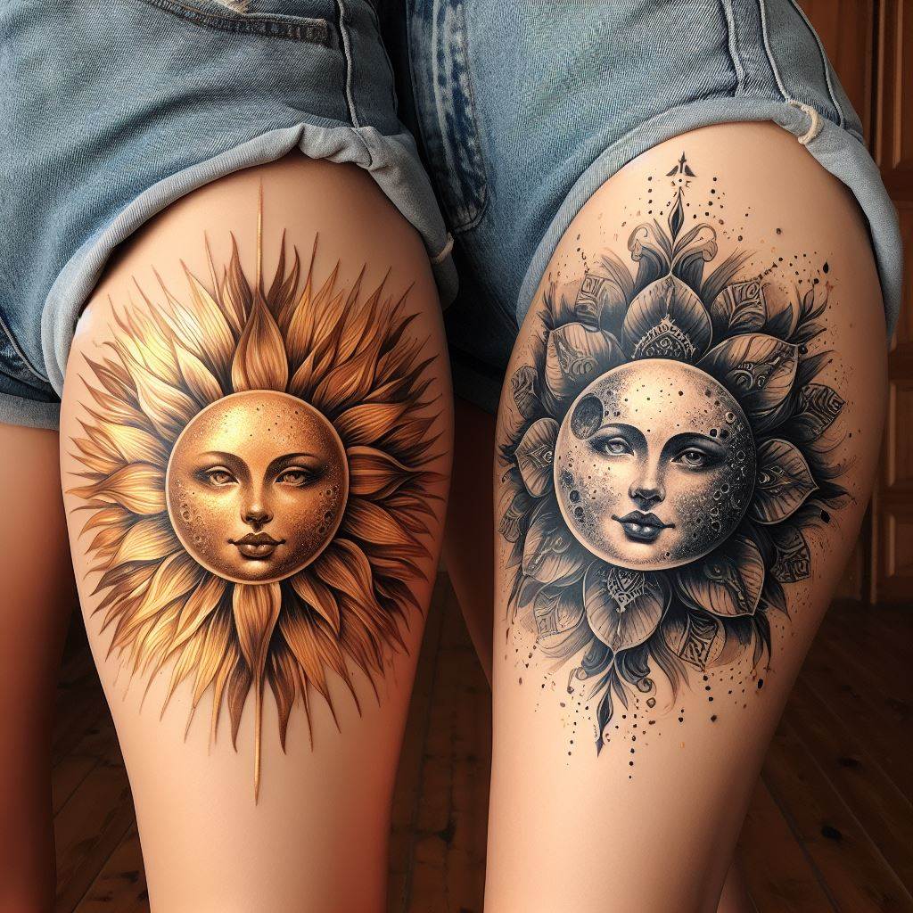 Two sisters with large, complementary thigh tattoos that together tell a story. One tattoo is of a majestic tree with roots and branches extending outward, symbolizing strength and growth, while the other is a floral vine that wraps around the tree, symbolizing beauty and resilience. The designs are rich in detail, with each element symbolizing aspects of their lives and personalities, set against a backdrop that highlights the artistry of the tattoos.
