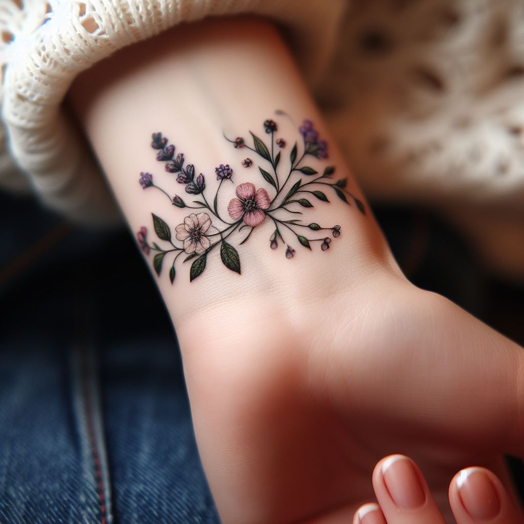 A small, intricate floral tattoo delicately wrapping around a woman's wrist. The design features a combination of tiny flowers, such as miniature roses, daisies, and lavender, intertwined with subtle greenery. This tattoo symbolizes growth and beauty, offering a feminine touch that's both elegant and timeless. The precision in the petals and leaves showcases the tattoo's intricate details, making it a captivating piece of art for someone who appreciates nature's delicate beauty.