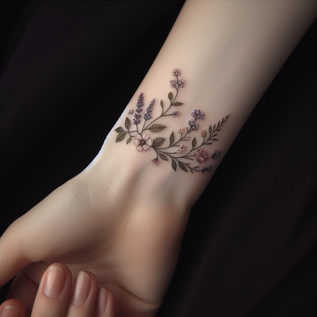A small, intricate floral tattoo delicately wrapping around a woman's wrist. The design features a combination of tiny flowers, such as miniature roses, daisies, and lavender, intertwined with subtle greenery. This tattoo symbolizes growth and beauty, offering a feminine touch that's both elegant and timeless. The precision in the petals and leaves showcases the tattoo's intricate details, making it a captivating piece of art for someone who appreciates nature's delicate beauty.
