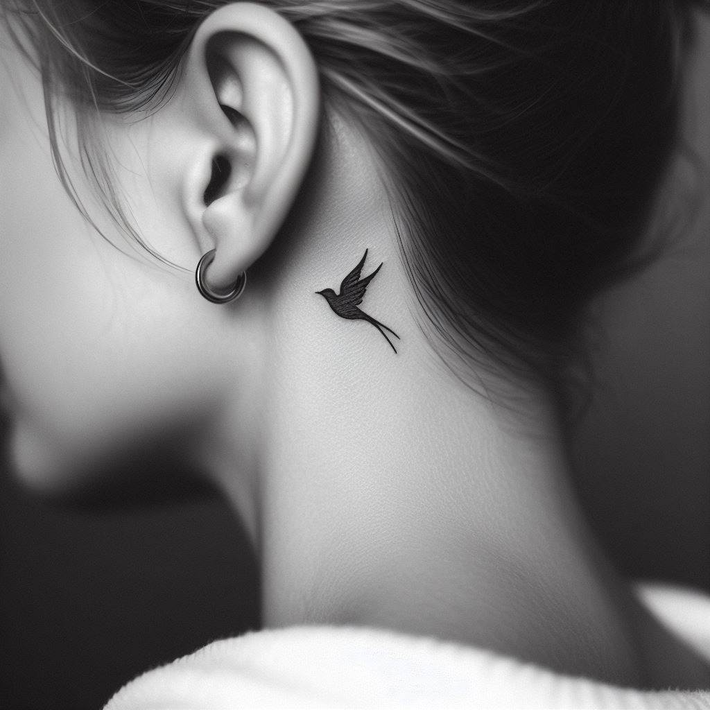 A tiny, elegant bird silhouette tattooed just behind a woman's ear. The design features a small, simplistic outline of a bird in mid-flight, symbolizing freedom, aspiration, and the journey of life. The bird's wings are slightly spread, and its position behind the ear makes it a discreet yet powerful statement for someone who values personal growth and the courage to explore new horizons. This tattoo idea combines minimalism with deep meaning, offering a sense of serenity and strength to the wearer.