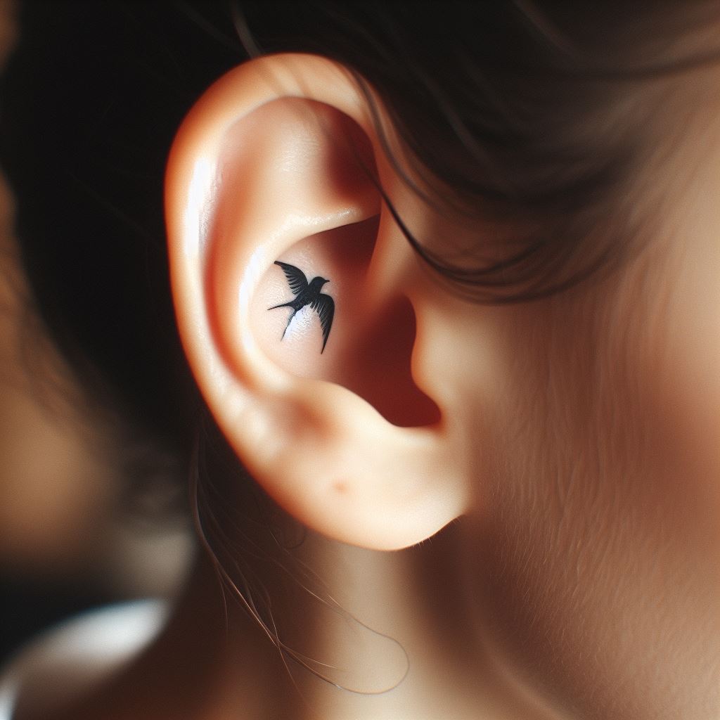 A tiny, elegant bird silhouette tattooed just behind a woman's ear. The design features a small, simplistic outline of a bird in mid-flight, symbolizing freedom, aspiration, and the journey of life. The bird's wings are slightly spread, and its position behind the ear makes it a discreet yet powerful statement for someone who values personal growth and the courage to explore new horizons. This tattoo idea combines minimalism with deep meaning, offering a sense of serenity and strength to the wearer.