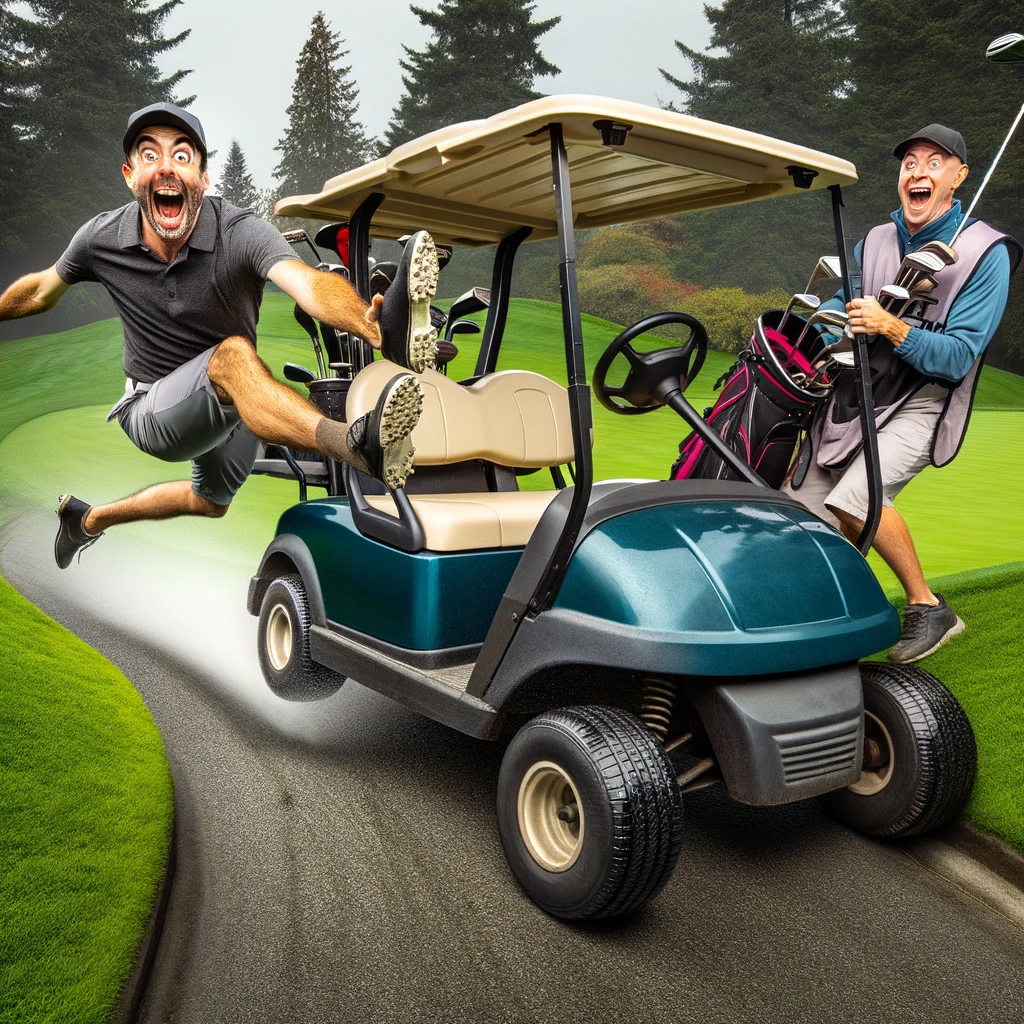 An overly enthusiastic golfer attempting to drift a golf cart around a corner on the course path, with a caddie holding on for dear life. The scene captures the humor of overestimating the golf cart's speed and agility, with the golfer wearing a huge grin of excitement while the caddie looks terrified. This image highlights the playful and sometimes reckless spirit of golfers off the green, turning an ordinary ride into an adventurous drift, akin to a scene from an action movie, but with the comedic reality of a low-speed golf cart.