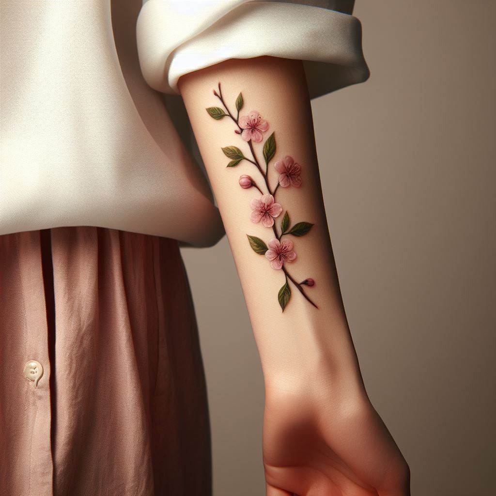 A delicate cherry blossom branch tattoo, positioned elegantly along the curve of a woman's forearm. The tattoo should feature soft pink petals with subtle green leaves, offering a gentle contrast against the skin. The design should be minimalist yet detailed, capturing the beauty of spring and renewal.