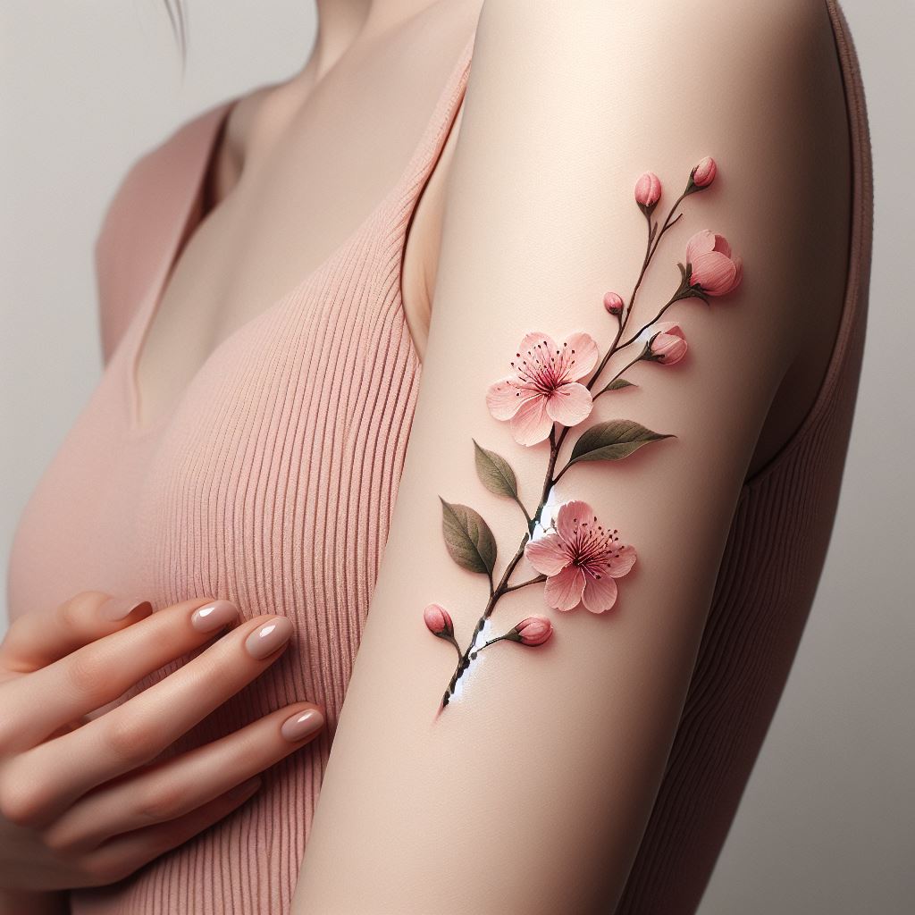 A delicate cherry blossom branch tattoo, positioned elegantly along the curve of a woman's forearm. The tattoo should feature soft pink petals with subtle green leaves, offering a gentle contrast against the skin. The design should be minimalist yet detailed, capturing the beauty of spring and renewal.
