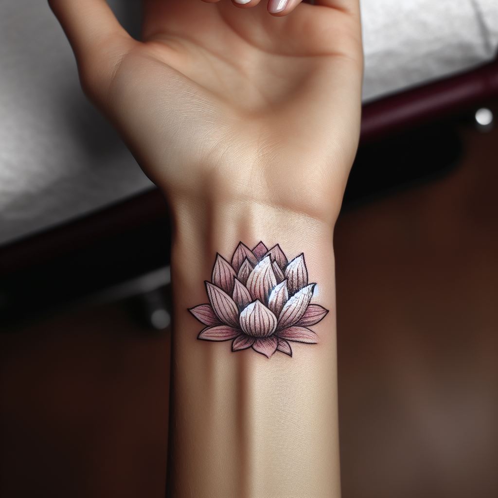A small, intricate lotus flower tattoo located on the inner wrist of a woman. The petals should be finely detailed, with shades of soft pink and white, symbolizing purity and spiritual awakening. The tattoo should be positioned to be visible when the hand is turned upwards, serving as a personal reminder of inner peace and resilience.