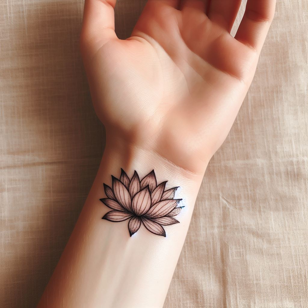 A small, intricate lotus flower tattoo located on the inner wrist of a woman. The petals should be finely detailed, with shades of soft pink and white, symbolizing purity and spiritual awakening. The tattoo should be positioned to be visible when the hand is turned upwards, serving as a personal reminder of inner peace and resilience.