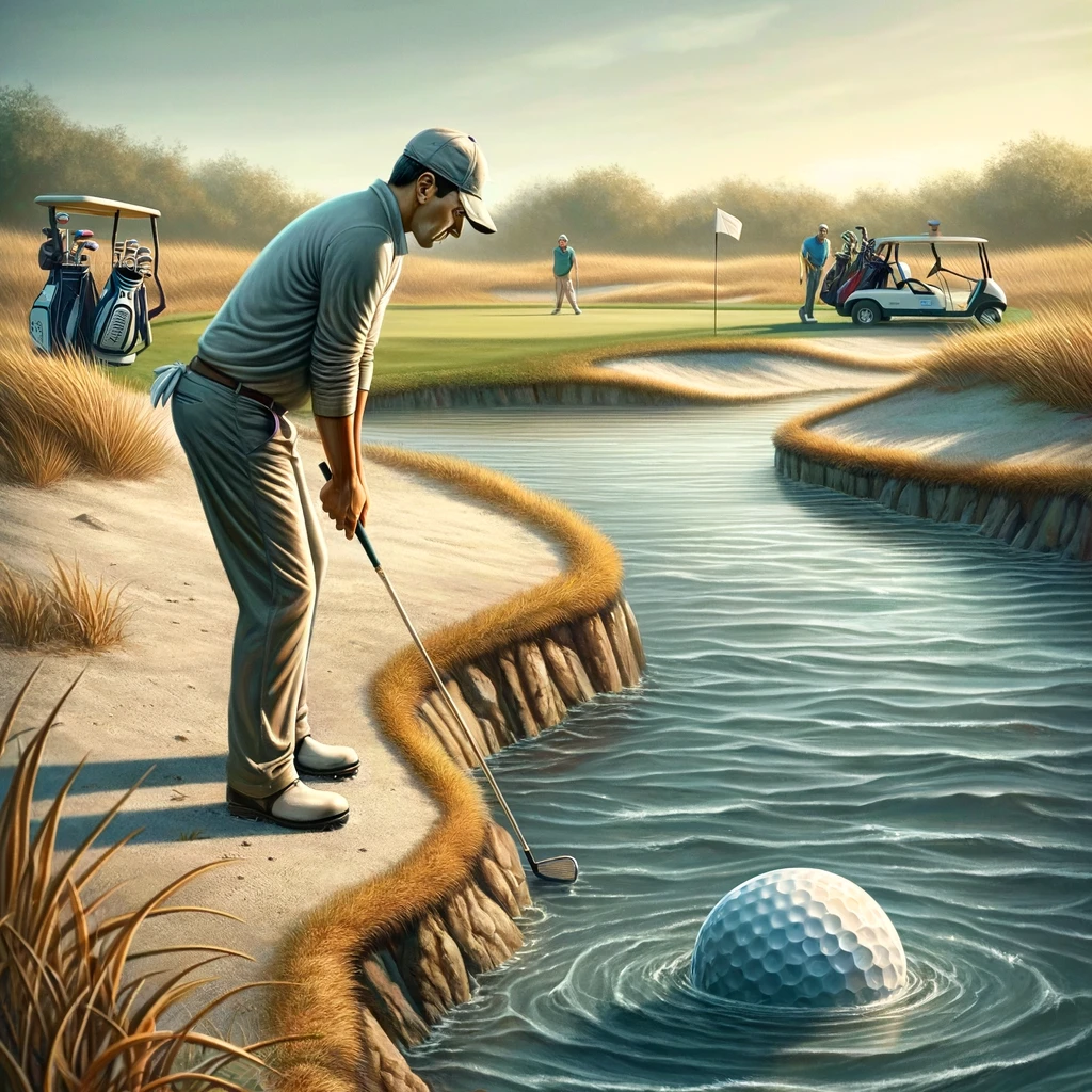 A golfer standing at the edge of a water hazard, leaning forward as if whispering to their ball, hoping to convince it to float back to dry land. The scene humorously captures the golfer's irrational hope in the face of a lost ball, with an expression of earnest pleading directed at the water. This image plays on the magical thinking some golfers employ when faced with the challenge of water hazards, personifying the golf ball as if it could heed their call and miraculously avoid the penalty.