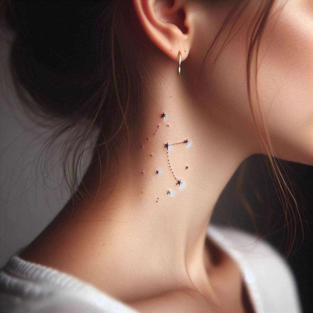A tiny constellation tattoo, specifically the Big Dipper, placed just behind the ear on a woman's neck. The stars should be represented by small, bright dots connected with thin lines, creating a subtle yet enchanting design that captures the wonder of the night sky.