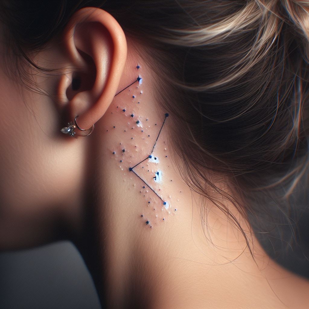A tiny constellation tattoo, specifically the Big Dipper, placed just behind the ear on a woman's neck. The stars should be represented by small, bright dots connected with thin lines, creating a subtle yet enchanting design that captures the wonder of the night sky.