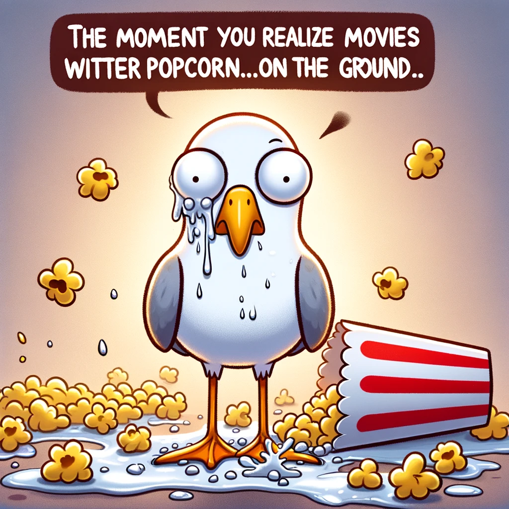 A cartoon seagull looking shocked with spilled popcorn around, caption: "The moment you realize movies are better with popcorn... on the ground."