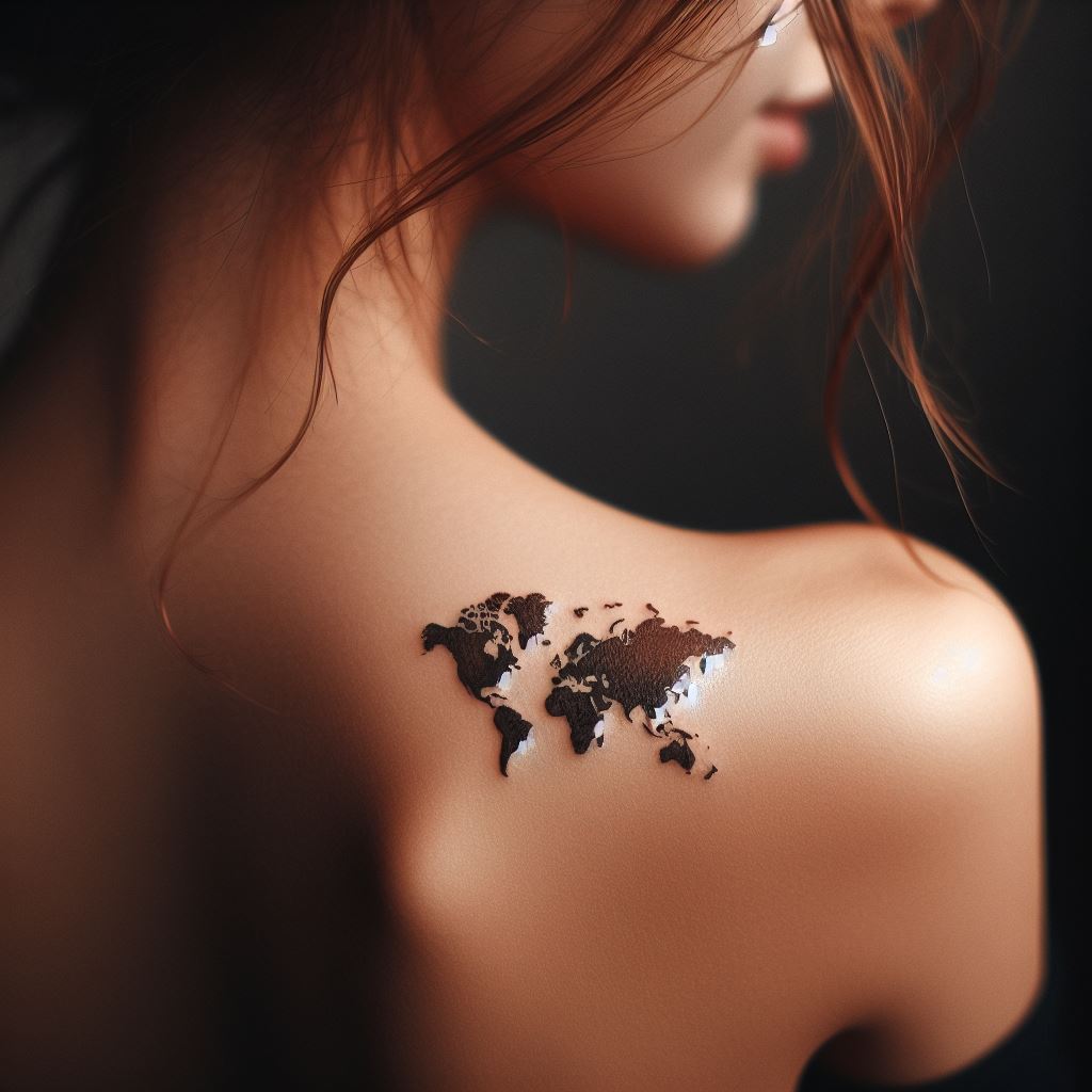 A miniature world map tattoo, located on the back of a woman's shoulder. The map should be simplified, highlighting the continents with fine lines and minimal detail, symbolizing a love for travel and adventure. The tattoo should be small, encouraging a closer look to fully appreciate its intricacy.