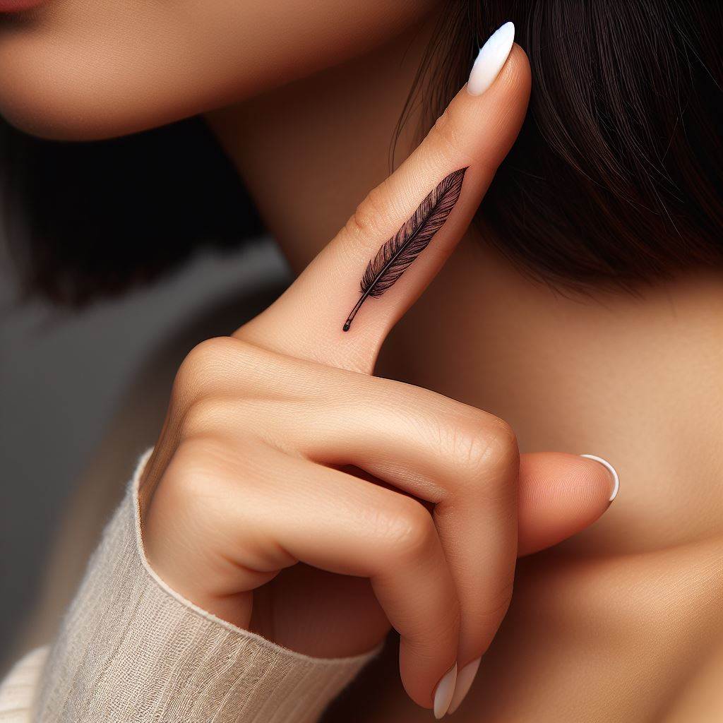 A small, single quill pen tattoo, inked along the side of a woman's index finger. The quill should be detailed with fine lines, symbolizing a passion for writing and the power of words. The tattoo should be elegant and slim, mirroring the shape of the finger.