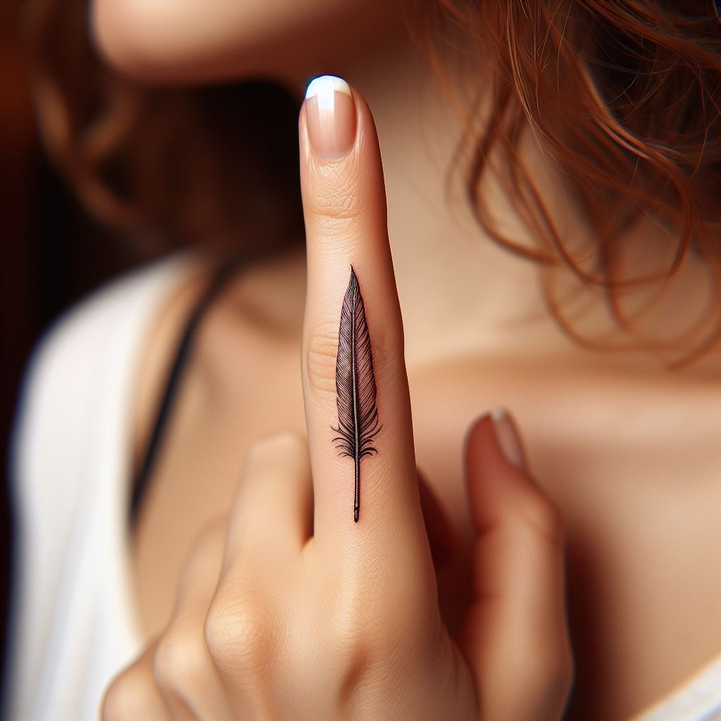 A small, single quill pen tattoo, inked along the side of a woman's index finger. The quill should be detailed with fine lines, symbolizing a passion for writing and the power of words. The tattoo should be elegant and slim, mirroring the shape of the finger.
