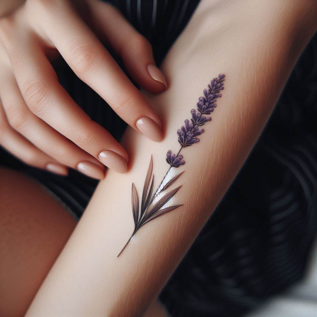 A tiny, realistic lavender sprig tattoo, placed along the inside of a woman's forearm. The lavender should be depicted with accurate colors and details, symbolizing calmness and serenity. The tattoo should be small and delicate, offering a touch of nature's tranquility.