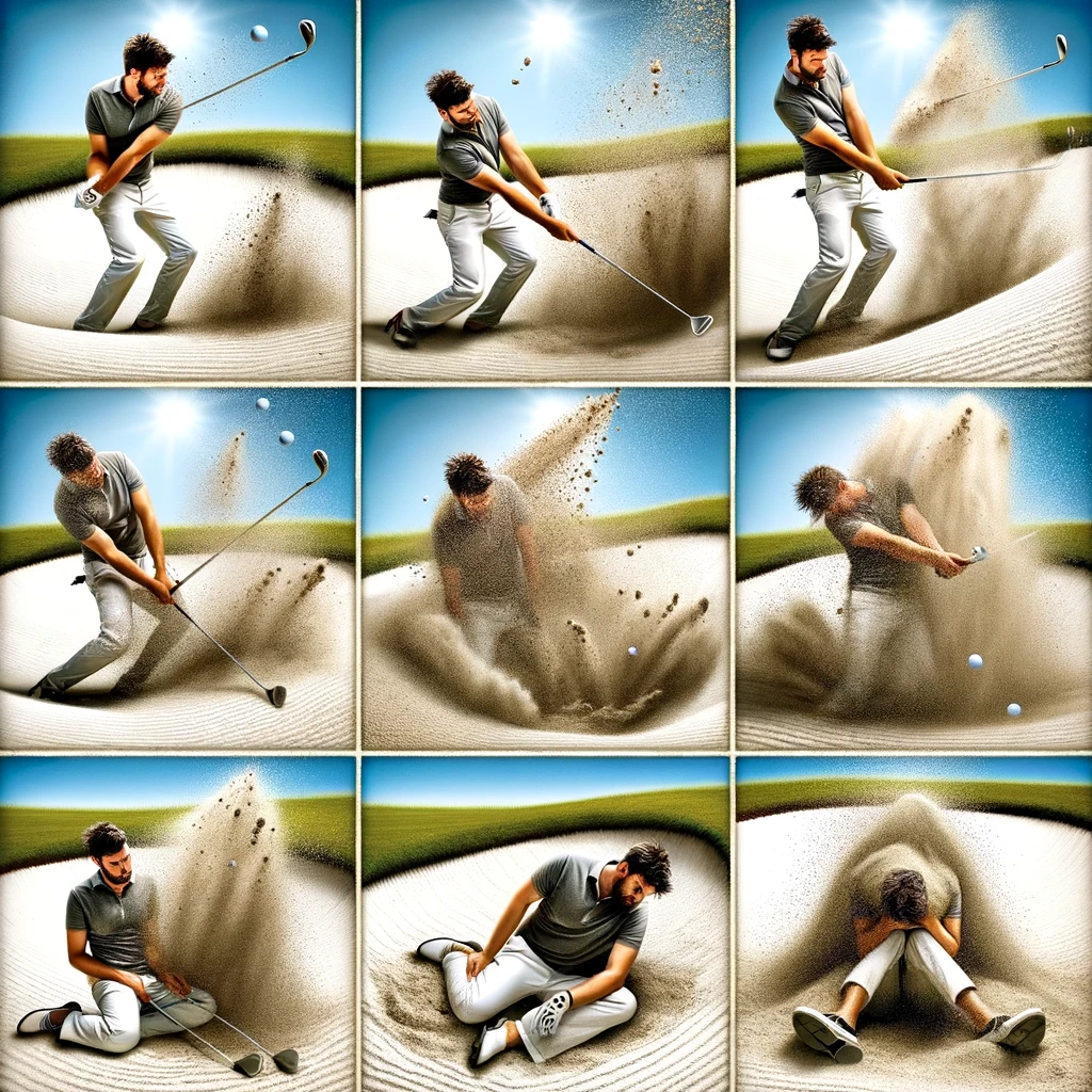 A series of images capturing a golfer's escalating frustration in a sand trap. The first panel shows the golfer confidently stepping into the bunker, ready to swing. Subsequent panels depict several failed attempts to get the ball out, each swing sending more sand flying than the last, until the final panel where the golfer sits defeated in the sand, covered head to toe, looking as if they've become part of the landscape. This humorous sequence illustrates the golfer's journey from confidence to resignation, highlighting the sand trap's notorious challenge in a light-hearted manner.